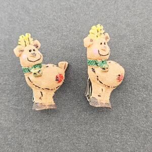 Hand Painted Reindeer Clip On Earrings Tan Brown Cutesy Christmas Holiday